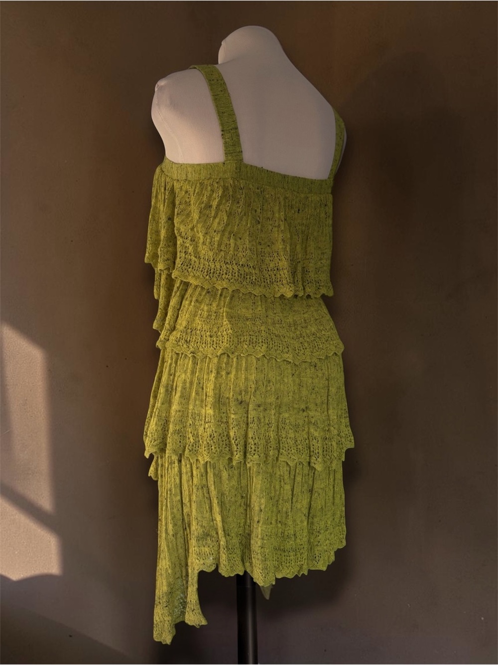 Betsey Johnson Runway Y2K Vintage Knit Ruffle Tiered Mini Dress Chartreuse - Picture 7 of 8